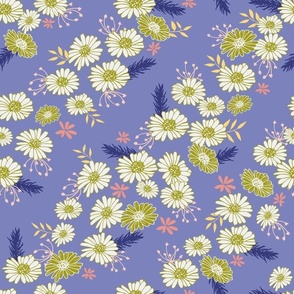 Medium // Daisy Fields: Wildflowers, Leaves, Vines - Deep Periwinkle Purple