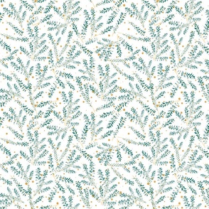 Green branches with mustard dots on white background- medium