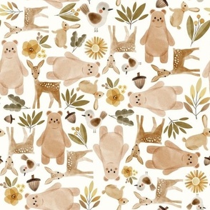 woodland animals with brown bears, deers, rabbits and birds with acorns and sunflowers -medium (3/4)