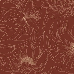 Gold Floral line drawings on Maroon