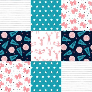 Cheer Wholecloth - cheerleading - bows, pom poms, megaphone - teal and pink - LAD21
