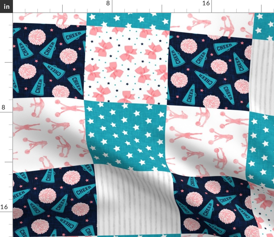 Cheer Wholecloth - cheerleading - bows, pom poms, megaphone - teal and pink (90) - LAD21
