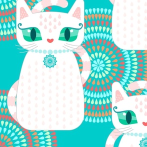 Booshie White Cats on Teal - XL