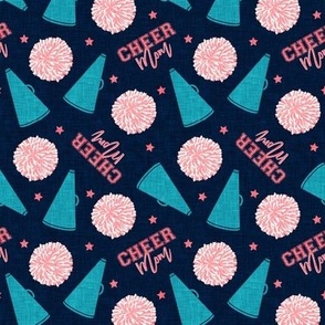 Cheer Mom - pom poms and megaphone - pink and teal on navy  - LAD21