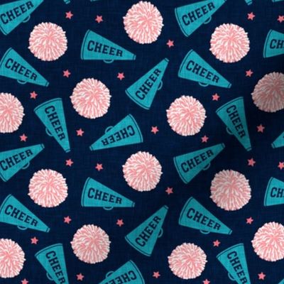 Cheer - Cheerleading - pom poms and megaphone - pink and teal on navy - LAD21