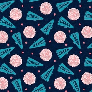 Cheer - Cheerleading - pom poms and megaphone - pink and teal on navy - LAD21
