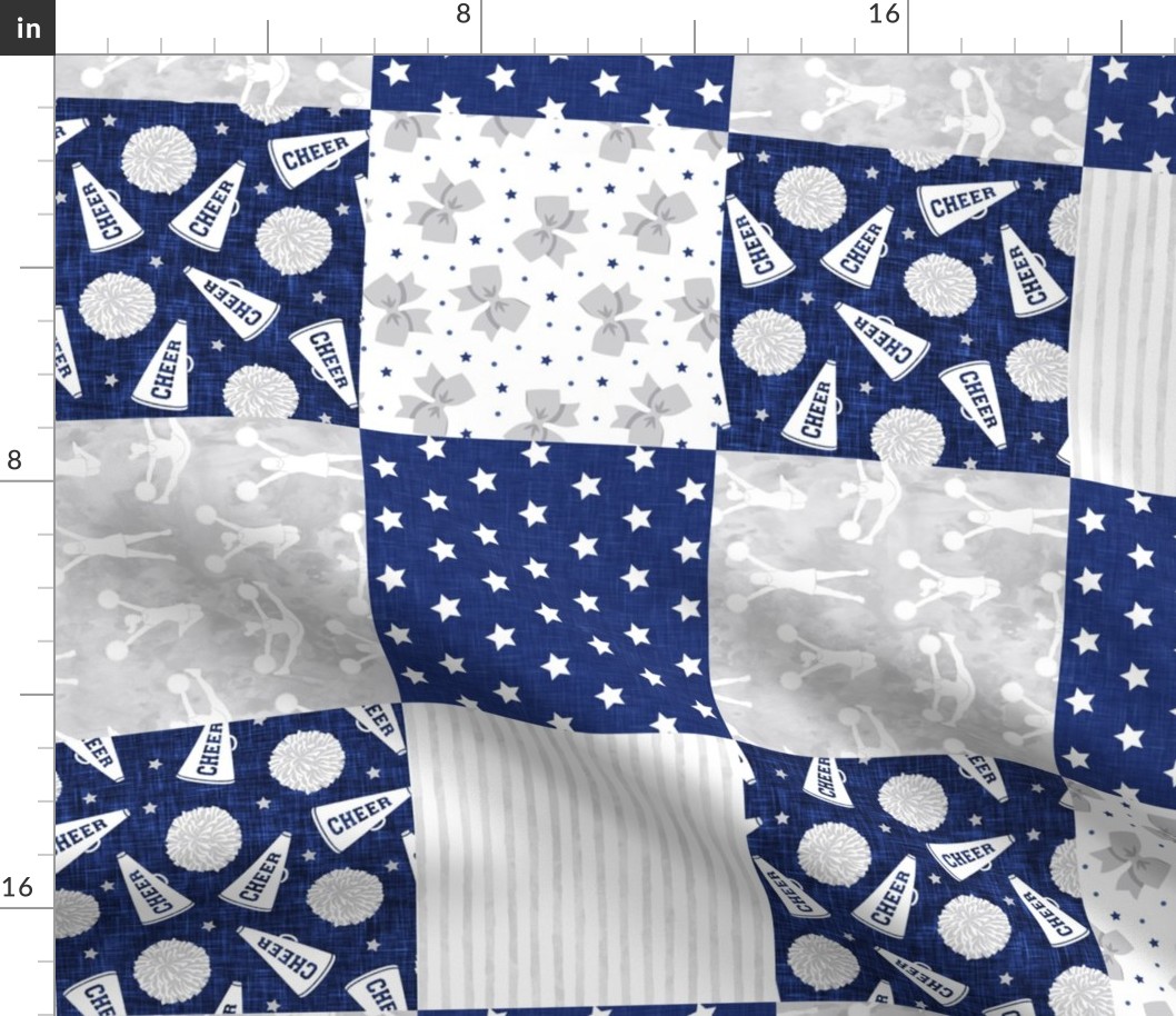 Cheer Wholecloth - cheerleading - bows, pom poms, megaphone - blue and grey (90) - LAD21