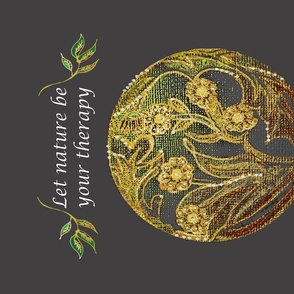 'Let Nature Be Your Therapy 'Bohemian Motivational Hand Drawn Wildflower Botanical Tapestry Embroidery Orb  Wall Hanging With Gold Detail - Charcoal