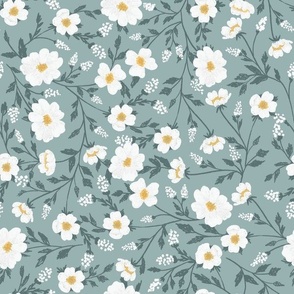 Smaller Scale White Daisy Flower Field on Soft Sage