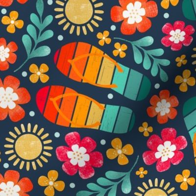 Large Scale Retro Summer Flip Flops and Bright Flowers on Navy