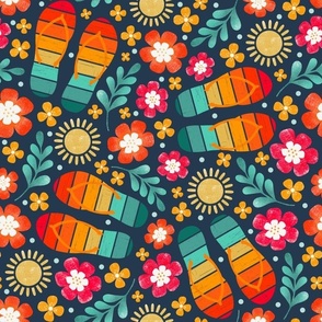 Large Scale Retro Summer Flip Flops and Bright Flowers on Navy