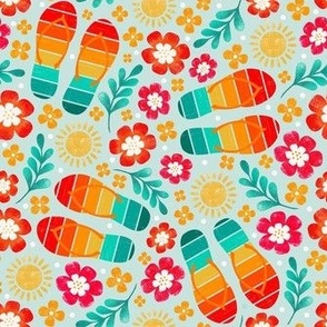 Medium Scale Retro Summer Flip Flops and Bright Flowers