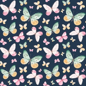 Bigger Scale Dainty Pastel Butterflies in Sage Green and Pink on Navy