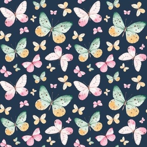 Smaller Scale Dainty Pastel Butterflies in Sage Green and Pink on Navy