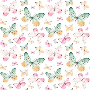Bigger Scale Dainty Pastel Butterflies in Sage Green and Pink on White