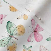 Smaller Scale Dainty Pastel Butterflies in Sage Green and Pink on White