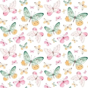 Smaller Scale Dainty Pastel Butterflies in Sage Green and Pink on White