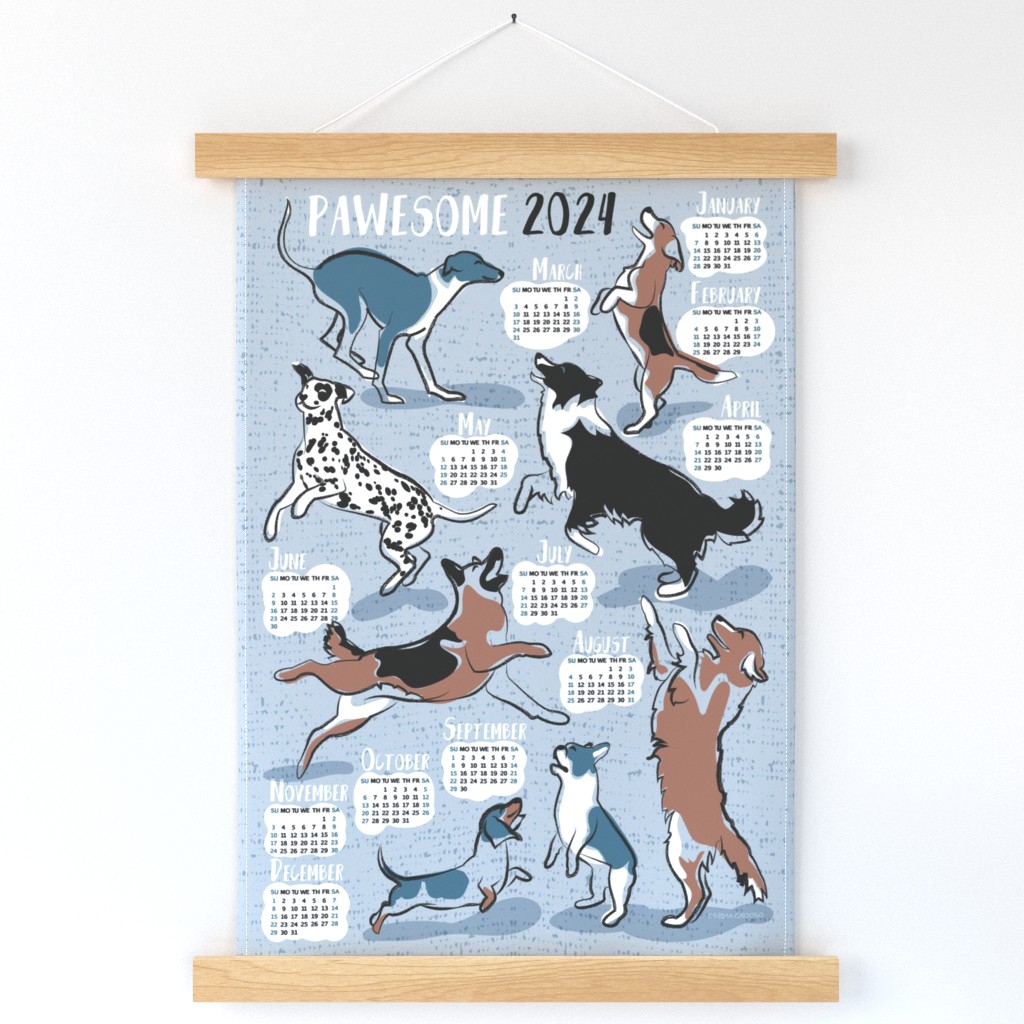 Pawsome 2024 calendar tea towel or wall hanging // pastel blue background // Greyhound Beagle black Border Collie German Shepherd Dalmatian Golden Retriever French Bulldog and Dachshund dog breeds jumping