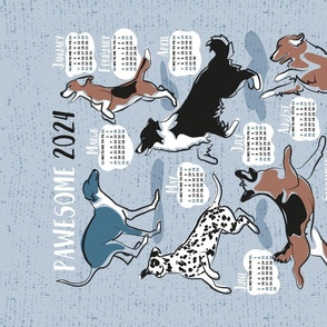 Pawsome 2024 calendar tea towel or wall hanging // pastel blue background // Greyhound Beagle black Border Collie German Shepherd Dalmatian Golden Retriever French Bulldog and Dachshund dog breeds jumping