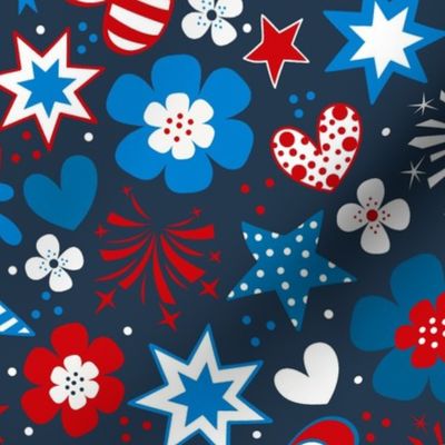 Large Scale Patriotic Red White and Blue Hearts Stars Fireworks Flowers USA July 4 Memorial Day Stars and Stripes