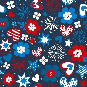 Large Scale Patriotic Red White and Blue Hearts Stars Fireworks Flowers USA July 4 Memorial Day Stars and Stripes