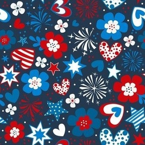 Medium Scale Patriotic Red White and Blue Hearts Stars Fireworks Flowers USA July 4 Memorial Day Stars and Stripes