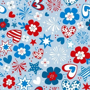 Large Scale Patriotic Red White and Blue Hearts Stars Fireworks Flowers USA July 4 Memorial Day Stars and Stripes