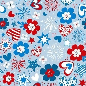 Medium Scale Patriotic Red White and Blue Hearts Stars Fireworks Flowers USA July 4 Memorial Day Stars and Stripes