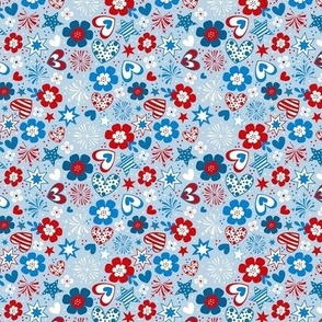 Small Scale Patriotic Red White and Blue Hearts Stars Fireworks Flowers USA July 4 Memorial Day Stars and Stripes