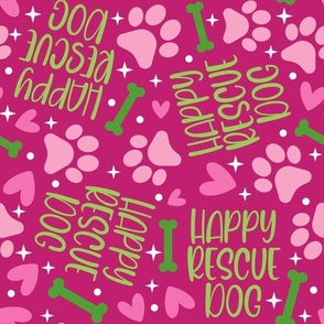 Large Scale Happy Rescue Dog Girly Pink and Green Paw Prints Hearts Bones 