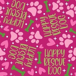 Medium Scale Happy Rescue Dog Girly Pink and Green Paw Prints Hearts Bones 