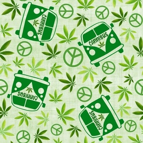 Large Scale Cannibus Funny Green Marijuana Pot Leaves Cannabis Peace Signs Retro Bus