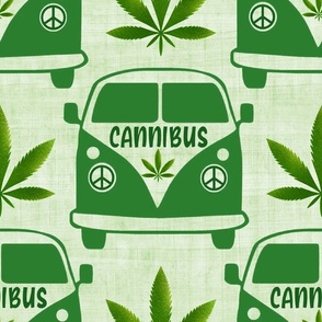 Large Scale Cannibus Funny Green Marijuana Pot Leaves Cannabis Peace Signs Retro Bus