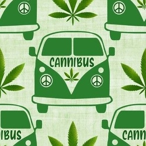 Medium Scale Cannibus Funny Green Marijuana Pot Leaves Cannabis Peace Signs Retro Bus