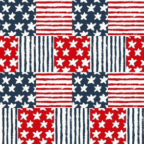 Bigger Scale Patchwork 6" Square Cheater Quilt or Blanket Red White Blue Patriotic Stars and Stripes