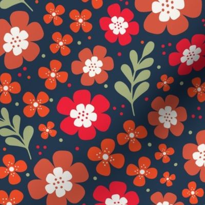 Large Scale Scandi Flowers Red Brown Gold Orange on Navy
