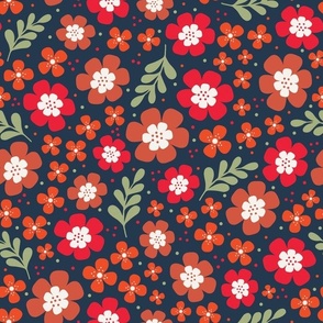 Large Scale Scandi Flowers Red Brown Gold Orange on Navy