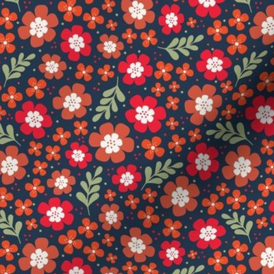 Medium Scale Scandi Flowers Red Brown Gold Orange on Navy