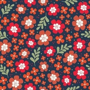 Medium Scale Scandi Flowers Red Brown Gold Orange on Navy