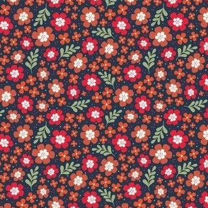 Small Scale Scandi Flowers Red Brown Gold Orange on Navy