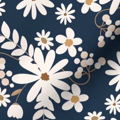 Bigger Scale Wild Daisy Flowers on Navy