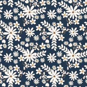 Smaller Scale Wild Daisy Flowers on Navy