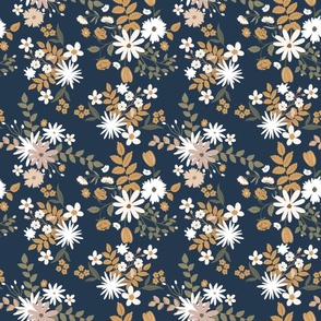 Bigger Scale Boho Wildflower Garden Daisy Flowers on Navy