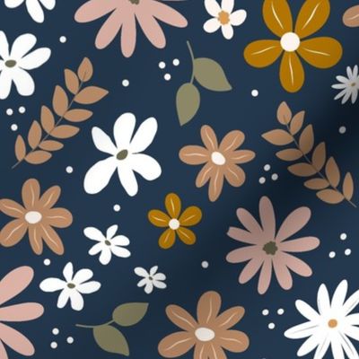 Large Scale Boho Wildflowers Flower Garden on Navy