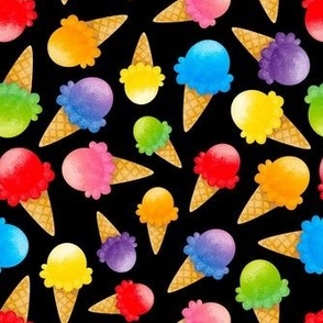 Medium Scale Colorful Ice Cream Cones on Black