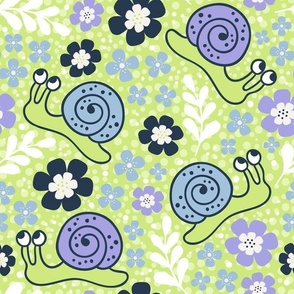Large Scale Happy Spring Snails and Garden Flowers in Lilac, Sky Blue and Honeydew