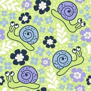 Medium Scale Happy Spring Snails and Garden Flowers in Lilac, Sky Blue and Honeydew