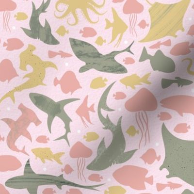 Green and yellow fishes deep in the pink sea | small