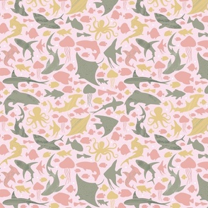 Green and yellow fishes deep in the pink sea | small