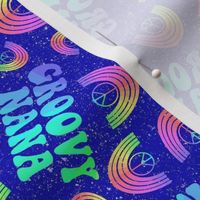 Medium Scale Groovy Nana Rainbows and Peace Signs on Galactic Blue